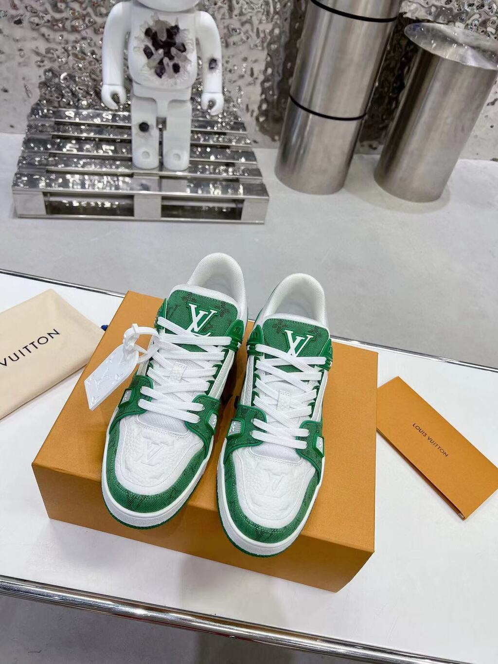 LV Trainer Green Monogram Denim White