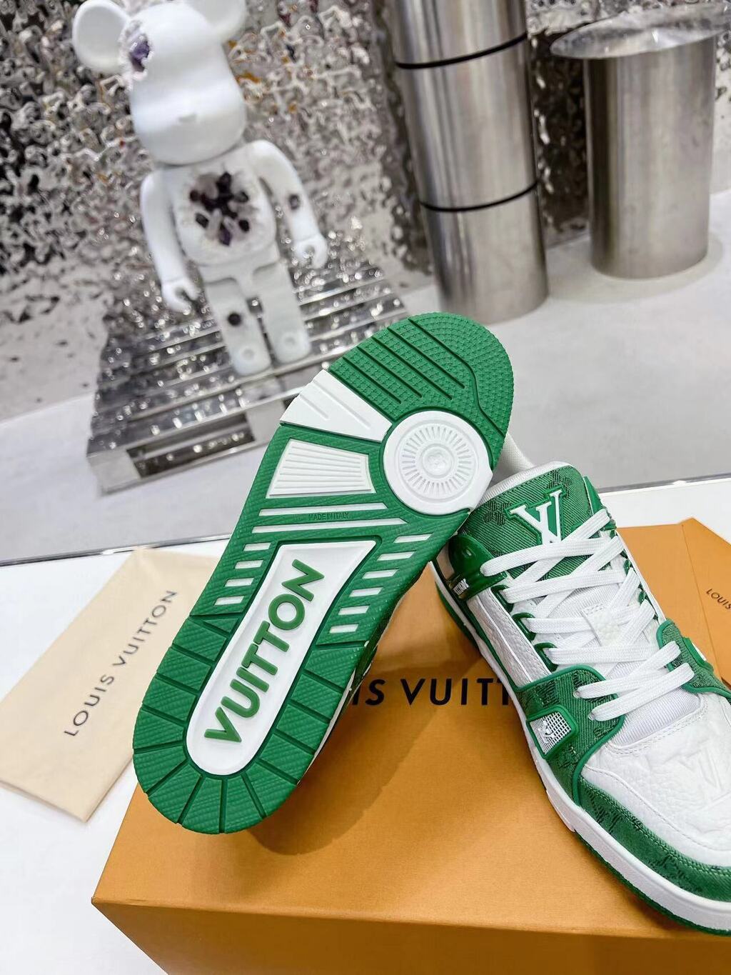 LV Trainer Green Monogram Denim White