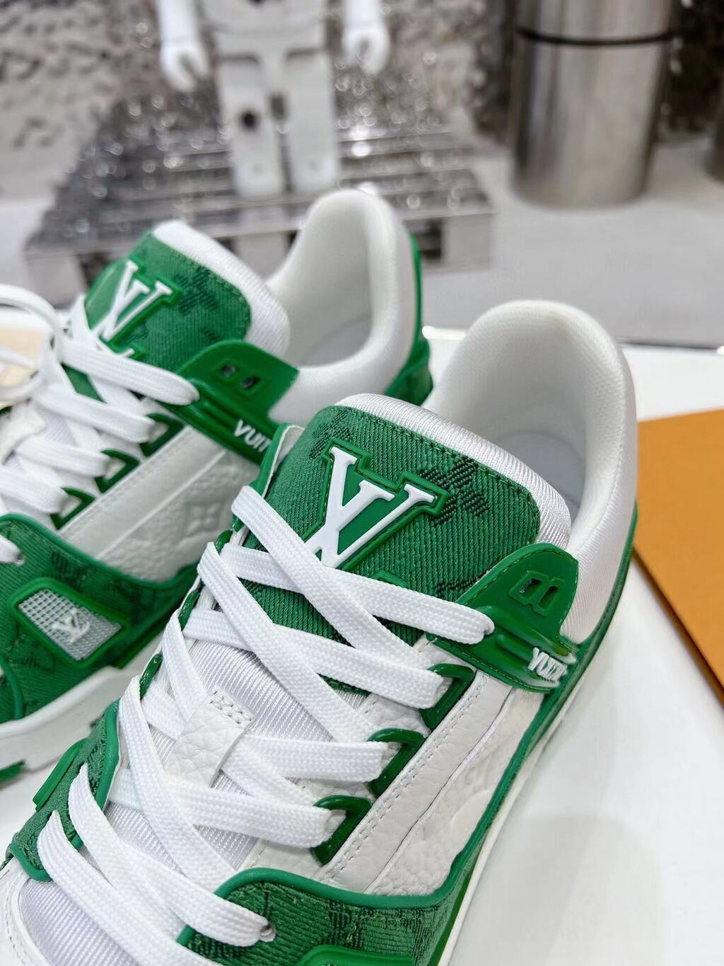 LV Trainer Green Monogram Denim White