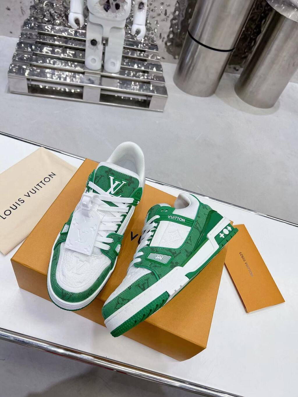 LV Trainer Green Monogram Denim White