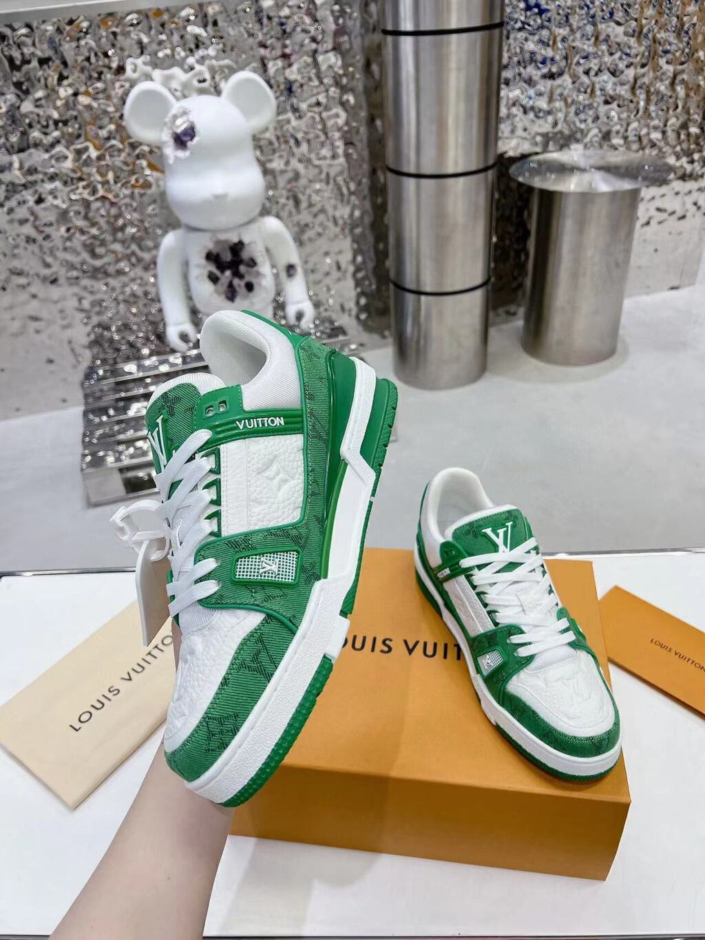 LV Trainer Green Monogram Denim White